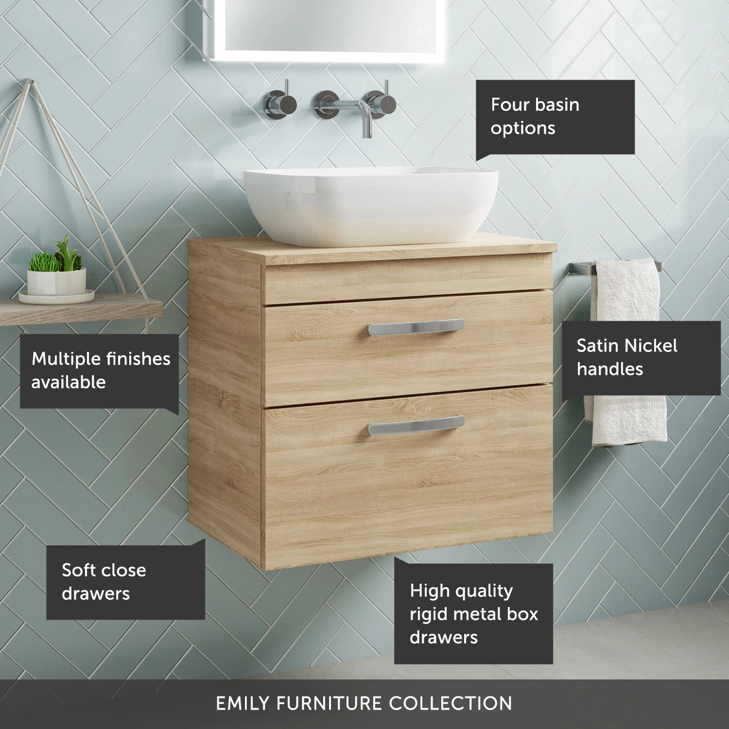 Emily 600mm Wall Mounted 2 Drawer Unit And Countertop - Natural Oak - Hudson Reed Rectangular Countertop Basin 8 Emily 600mm Wall Mounted 2 Drawer Unit And Countertop - Natural Oak - Hudson Reed Rectangular Countertop Basin - Image 6