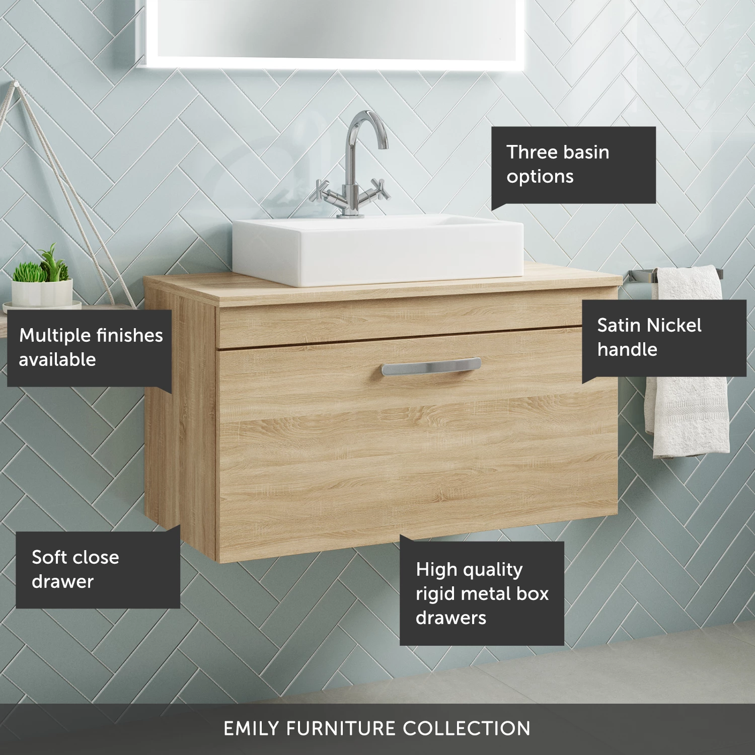 Emily 800mm Wall Mounted 1 Drawer Unit And Countertop - Natural Oak - No Basin 9 Emily 800mm Wall Mounted 1 Drawer Unit And Countertop - Natural Oak - No Basin - Image 7