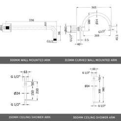Edith Concealed Shower Valve, 200mm Fixed Shower Head & Slide Rail Kit - 300mm Wall Shower Arm -TAP WAREHOUSE Shop trad shower kit 4 arms selection line drawing