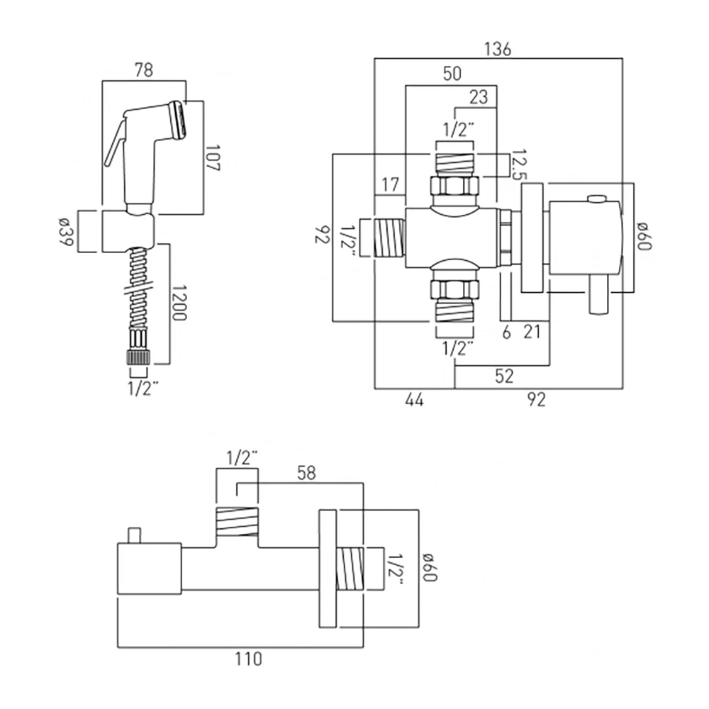 Vado Luxury Brass Shattaf Kit With Hose, Wall Bracket, Concealed Thermostatic Valve & Angle Valve 4 Vado Luxury Brass Shattaf Kit With Hose, Wall Bracket, Concealed Thermostatic Valve & Angle Valve - Image 2