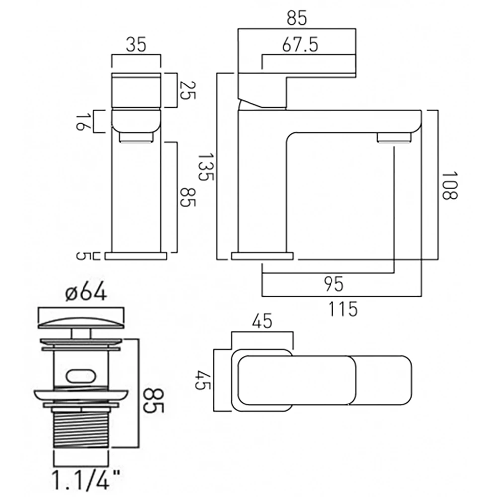 Vado Phase Single Lever Mini Mono Basin Mixer With Universal Clicker Waste 4 Vado Phase Single Lever Mini Mono Basin Mixer With Universal Clicker Waste - Image 2