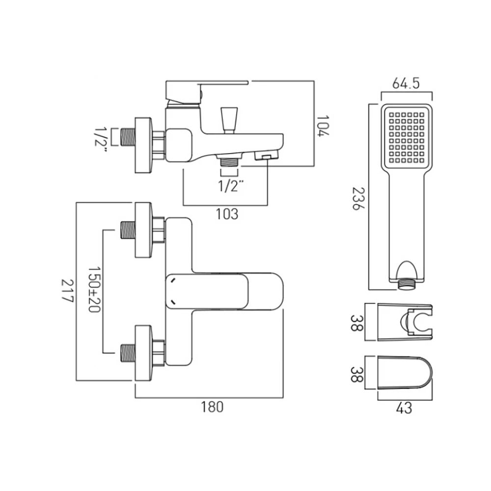 Vado Phase Wall Mounted Single Lever Exposed Bath Shower Mixer With Shower Kit 4 Vado Phase Wall Mounted Single Lever Exposed Bath Shower Mixer With Shower Kit - Image 2