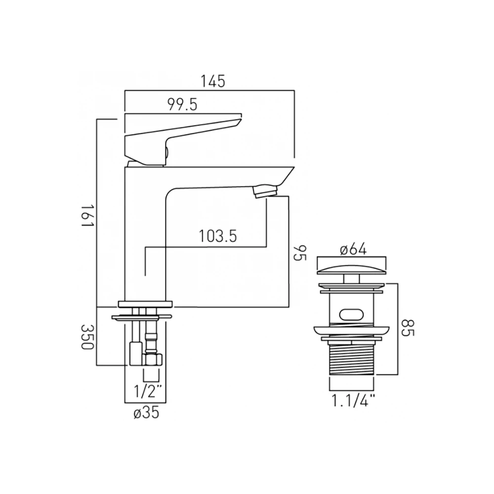 Vado Photon Single Lever Mini Mono Basin Mixer With Universal Clicker Waste 4 Vado Photon Single Lever Mini Mono Basin Mixer With Universal Clicker Waste - Image 2