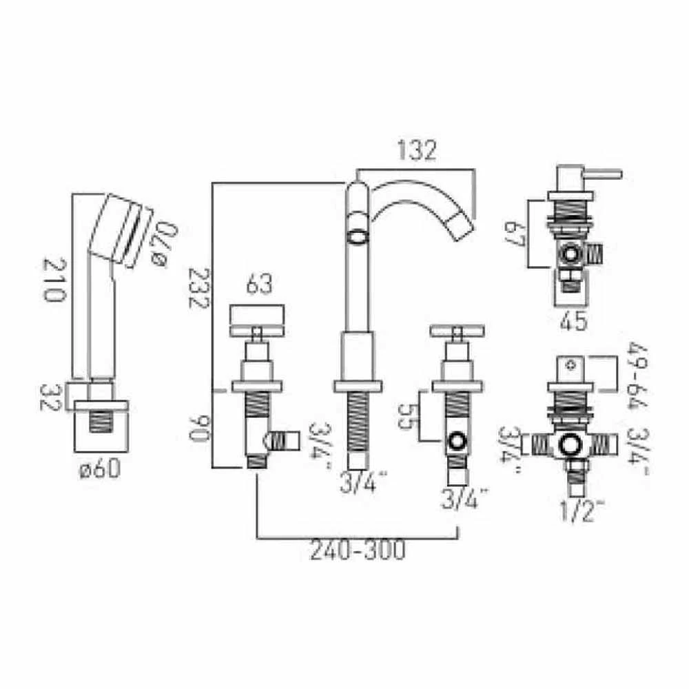 Vado Elements Water 5 Hole Bath Shower Mixer With Shower Kit 4 Vado Elements Water 5 Hole Bath Shower Mixer With Shower Kit - Image 2