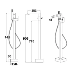 Vellamo Forte Freestanding Bath Shower Mixer With Shower Kit 9 Vellamo Forte Freestanding Bath Shower Mixer With Shower Kit -TAP WAREHOUSE Shop velfort05 technical drawing