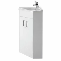 Vellamo Alpine 2 Door Corner Cabinet Vanity Unit & Ceramic Basin - Gloss White -TAP WAREHOUSE Shop vellamo alpine 2 door corner cabinet white cutout