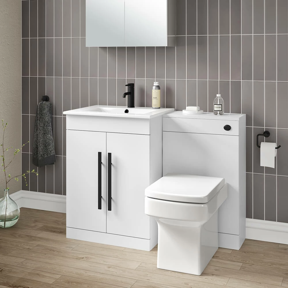 Vellamo Aspire 1100mm Gloss White 2 Door Combination Ceramic Basin & Toilet Unit With Matt Black Handles & Overflow - Harbour Clarity Toilet 3 Vellamo Aspire 1100mm Gloss White 2 Door Combination Ceramic Basin & Toilet Unit With Matt Black Handles & Overflow - Harbour Clarity Toilet
