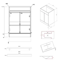 Vellamo Aspire 600mm Floorstanding 2 Door Vanity Unit & Ceramic Basin With Matt Black Handles & Overflow Cover - Matt Grey -TAP WAREHOUSE Shop vellamo aspire 2 door vanity unit basin handle tech drawing