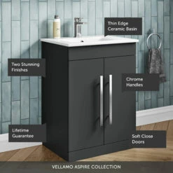 Vellamo Aspire 600mm Floorstanding 2 Door Vanity Unit & Thin Ceramic Basin - Matt Grey -TAP WAREHOUSE Shop vellamo aspire 2door 600 matt grey vanity unit callout