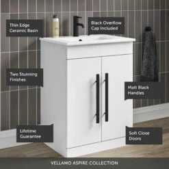Vellamo Aspire 600mm Floorstanding 2 Door Vanity Unit & Ceramic Basin With Matt Black Handles & Overflow Cover - Matt Grey -TAP WAREHOUSE Shop vellamo aspire 2door 600 white vanity unit black handles callout