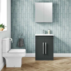 Vellamo Aspire 600mm Floorstanding 2 Door Vanity Unit & Thin Ceramic Basin - Matt Grey -TAP WAREHOUSE Shop vellamo aspire 2door 600mm matt grey vanity unit lifestyle2