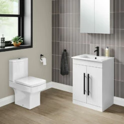 Vellamo Aspire 600mm Floorstanding 2 Door Vanity Unit & Ceramic Basin With Matt Black Handles & Overflow Cover - Matt Grey -TAP WAREHOUSE Shop vellamo aspire 2door 600mm white vanity unit black handles lifestyle1