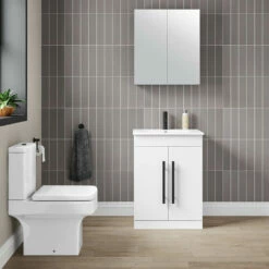 Vellamo Aspire 600mm Floorstanding 2 Door Vanity Unit & Ceramic Basin With Matt Black Handles & Overflow Cover - Matt Grey -TAP WAREHOUSE Shop vellamo aspire 2door 600mm white vanity unit black handles lifestyle2