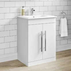 Vellamo Aspire 600mm Floorstanding 2 Door Vanity Unit & Thin Ceramic Basin - Matt Grey
