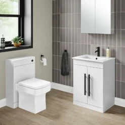 Vellamo Aspire 600mm Floorstanding 2 Door Vanity Unit & Ceramic Basin With Matt Black Handles & Overflow Cover - Matt Grey -TAP WAREHOUSE Shop vellamo aspire 2door unit wc unit black button lifestyle1