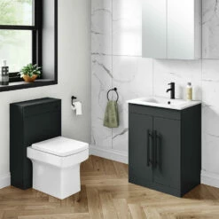 Vellamo Aspire 600mm Floorstanding 2 Door Vanity Unit & Ceramic Basin With Matt Black Handles & Overflow Cover - Matt Grey -TAP WAREHOUSE Shop vellamo aspire matt grey vanity wc unit black handle lifestyle
