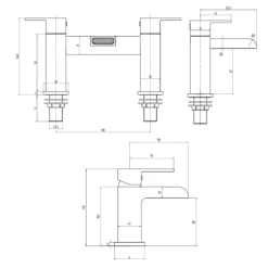 Vellamo Reve Waterfall Basin Mixer & Waterfall Bath Filler Value Pack -TAP WAREHOUSE Shop vellamo reve waterfall basin bath tap pack technical drawing