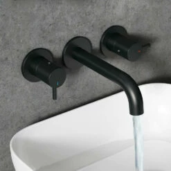 Harbour Clarity Matt Black 3 Hole Wall Mounted Basin Tap With Easy Plumb Installation Kit