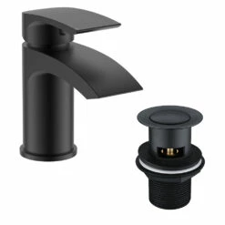Vellamo Swift Matt Black Mini Basin Mixer Tap & Clicker Waste -TAP WAREHOUSE Shop velswift07 wa93bk cutouts n