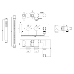 The Tap Factory Vibrance Brushed Brass WRAS Approved Concealed Thermostatic Shower Valve With Fixed Shower Head And Shower Handset 9 The Tap Factory Vibrance Brushed Brass WRAS Approved Concealed Thermostatic Shower Valve With Fixed Shower Head And Shower Handset -TAP WAREHOUSE Shop vibrance shower set tech drawing