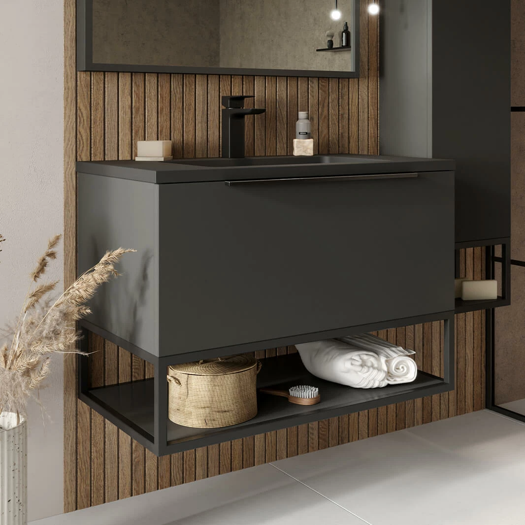 Harbour Virtue 800mm Wall Hung Vanity Unit With LED Illumination, Black Framed Shelf & White Basin - Matt Grey & Matt Black Handle 3 Harbour Virtue 800mm Wall Hung Vanity Unit With LED Illumination, Black Framed Shelf & White Basin - Matt Grey & Matt Black Handle