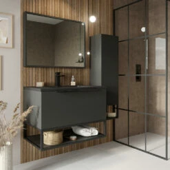 Harbour Virtue 800mm Wall Hung Vanity Unit With LED Illumination, Black Framed Shelf & White Basin - Matt Grey & Matt Black Handle 27 Harbour Virtue 800mm Wall Hung Vanity Unit With LED Illumination, Black Framed Shelf & White Basin - Matt Grey & Matt Black Handle -TAP WAREHOUSE Shop virtue 800 unit matt grey grey basin black shelf room set