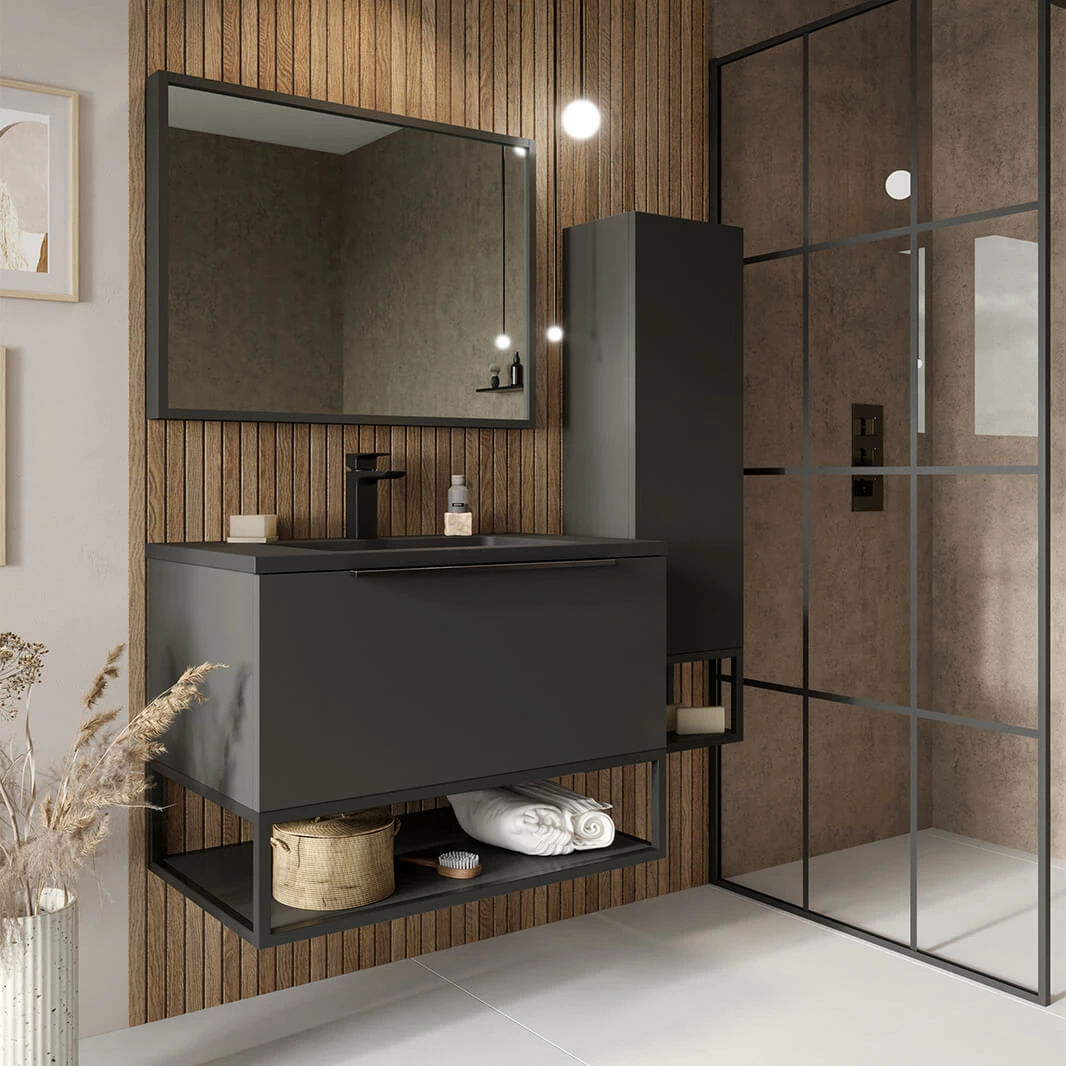 Harbour Virtue 800mm Wall Hung Vanity Unit With LED Illumination, Black Framed Shelf & White Basin - Matt Grey & Matt Black Handle 13 Harbour Virtue 800mm Wall Hung Vanity Unit With LED Illumination, Black Framed Shelf & White Basin - Matt Grey & Matt Black Handle - Image 11