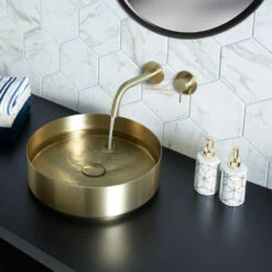 VOS Single Lever Wall Mounted Basin Mixer Tap - Brushed Brass -TAP WAREHOUSE Shop vos 2 hole wall basin mixer brushed brass lifestyle21