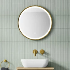 VOS LED Illuminated Round Brushed Brass Framed Mirror With Demister Pad & Colour Change Lights - 600mm