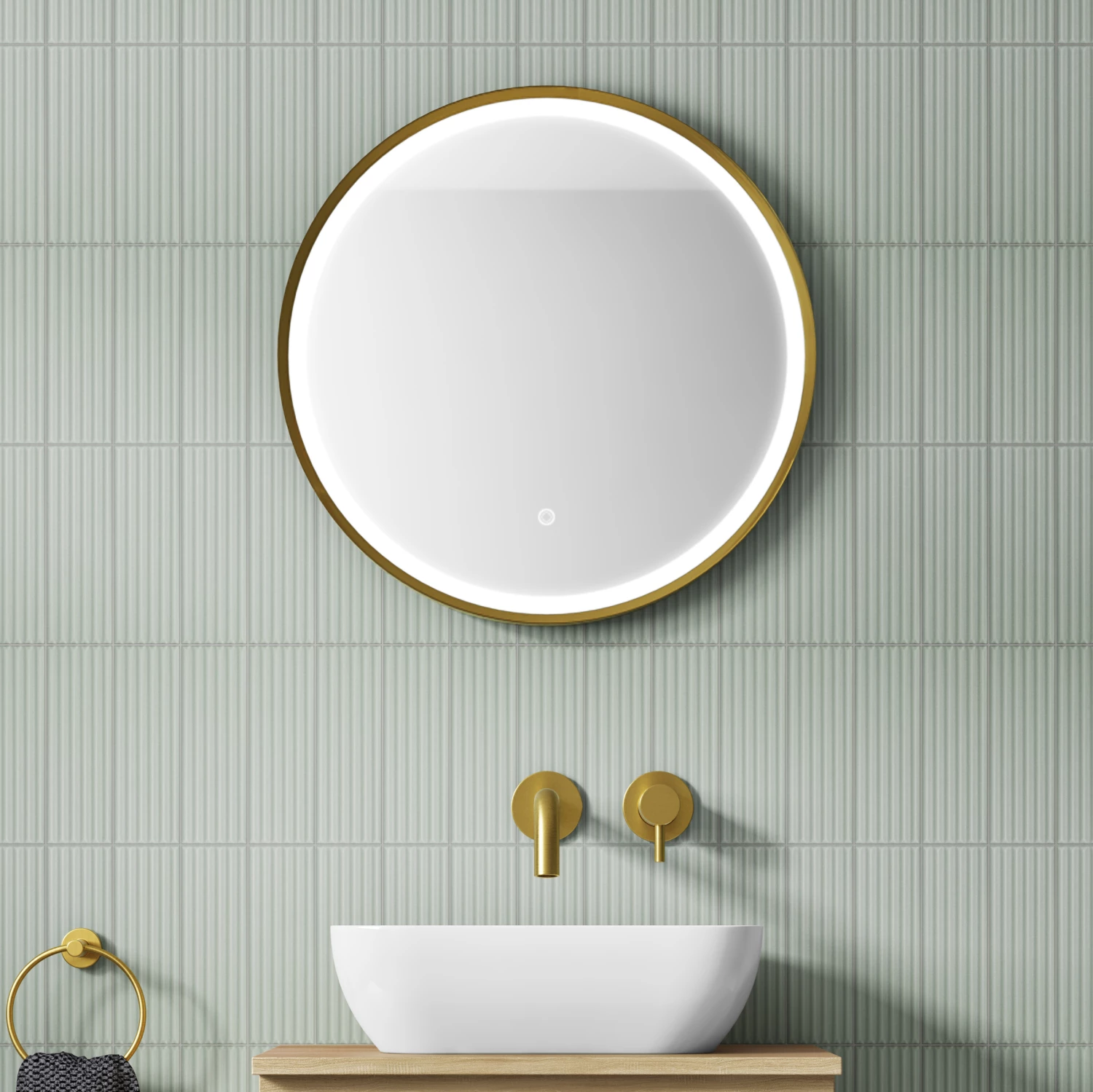 VOS LED Illuminated Round Brushed Brass Framed Mirror With Demister Pad & Colour Change Lights - 600mm 3 VOS LED Illuminated Round Brushed Brass Framed Mirror With Demister Pad & Colour Change Lights - 600mm