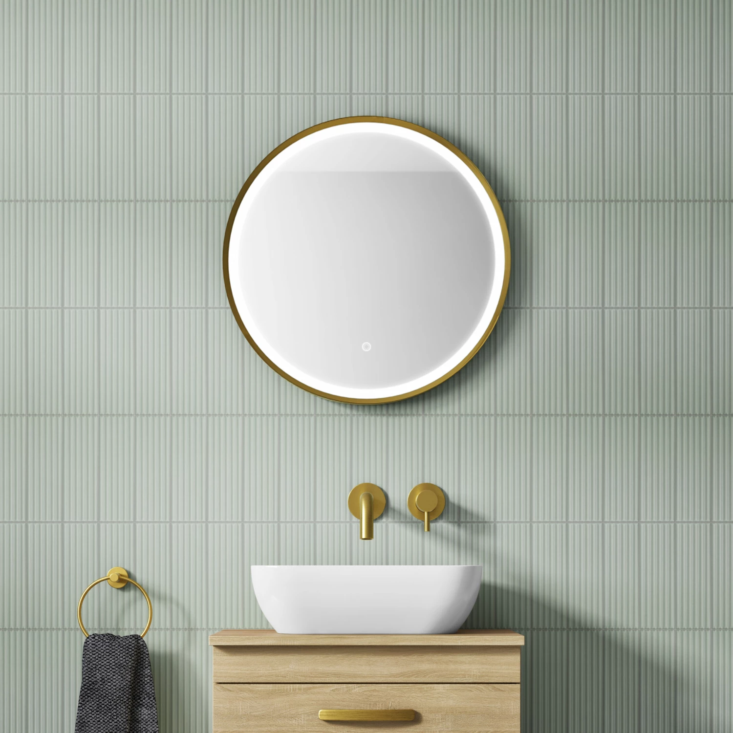 VOS LED Illuminated Round Brushed Brass Framed Mirror With Demister Pad & Colour Change Lights - 600mm 7 VOS LED Illuminated Round Brushed Brass Framed Mirror With Demister Pad & Colour Change Lights - 600mm - Image 5
