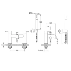VOS Bath Shower Mixer Tap & Shower Kit - Matt Black 7 VOS Bath Shower Mixer Tap & Shower Kit - Matt Black -TAP WAREHOUSE Shop vos deck mounted bath shower mixer tech drawing