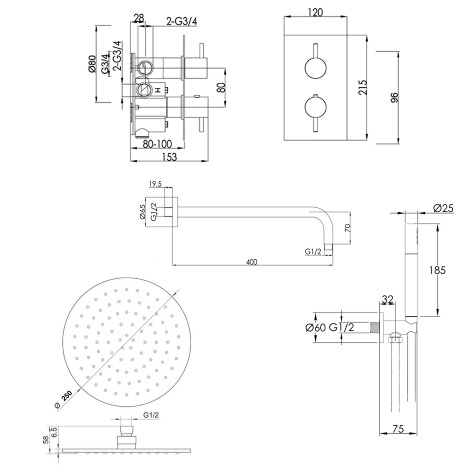 VOS Concealed Dual Outlet 2 Handle Shower Valve, Fixed Head & Shower Handset Kit - Brushed Black 9 VOS Concealed Dual Outlet 2 Handle Shower Valve, Fixed Head & Shower Handset Kit - Brushed Black - Image 7
