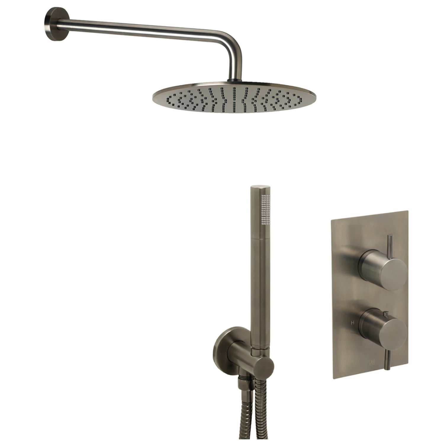 VOS Concealed Dual Outlet 2 Handle Shower Valve, Fixed Head & Shower Handset Kit - Brushed Black 3 VOS Concealed Dual Outlet 2 Handle Shower Valve, Fixed Head & Shower Handset Kit - Brushed Black