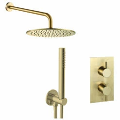 VOS Concealed Dual Outlet 2 Handle Shower Valve, Fixed Head & Shower Handset Kit - Brushed Brass