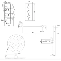 VOS Concealed Dual Outlet 3 Handle Shower Valve, Fixed Head & Shower Handset Kit - Matt Black -TAP WAREHOUSE Shop vos shower valve kit 3 handle 200 tech