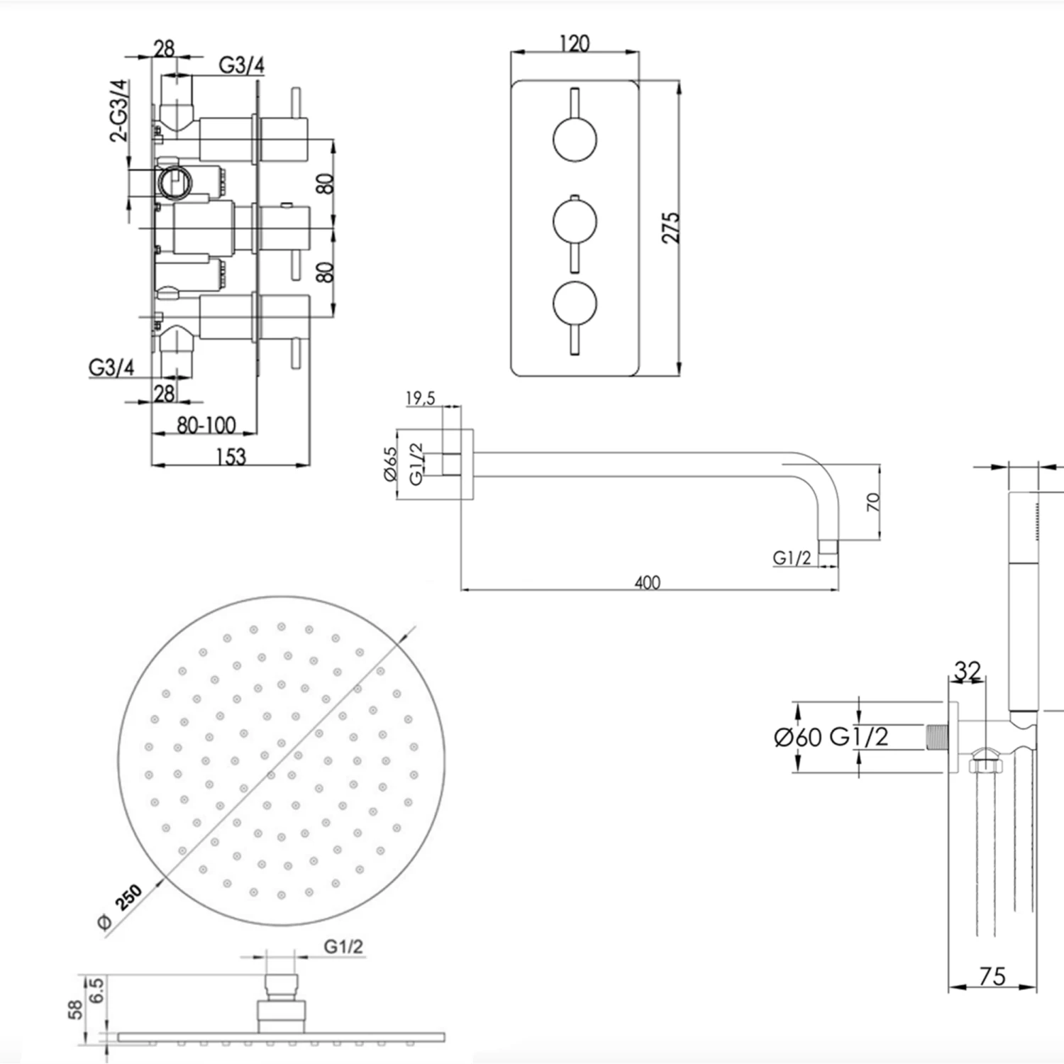 VOS Concealed Dual Outlet 3 Handle Shower Valve, Fixed Head & Shower Handset Kit - Brushed Brass 9 VOS Concealed Dual Outlet 3 Handle Shower Valve, Fixed Head & Shower Handset Kit - Brushed Brass - Image 7