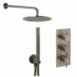 VOS Concealed Dual Outlet 3 Handle Shower Valve, Fixed Head & Shower Handset Kit - Brushed Black