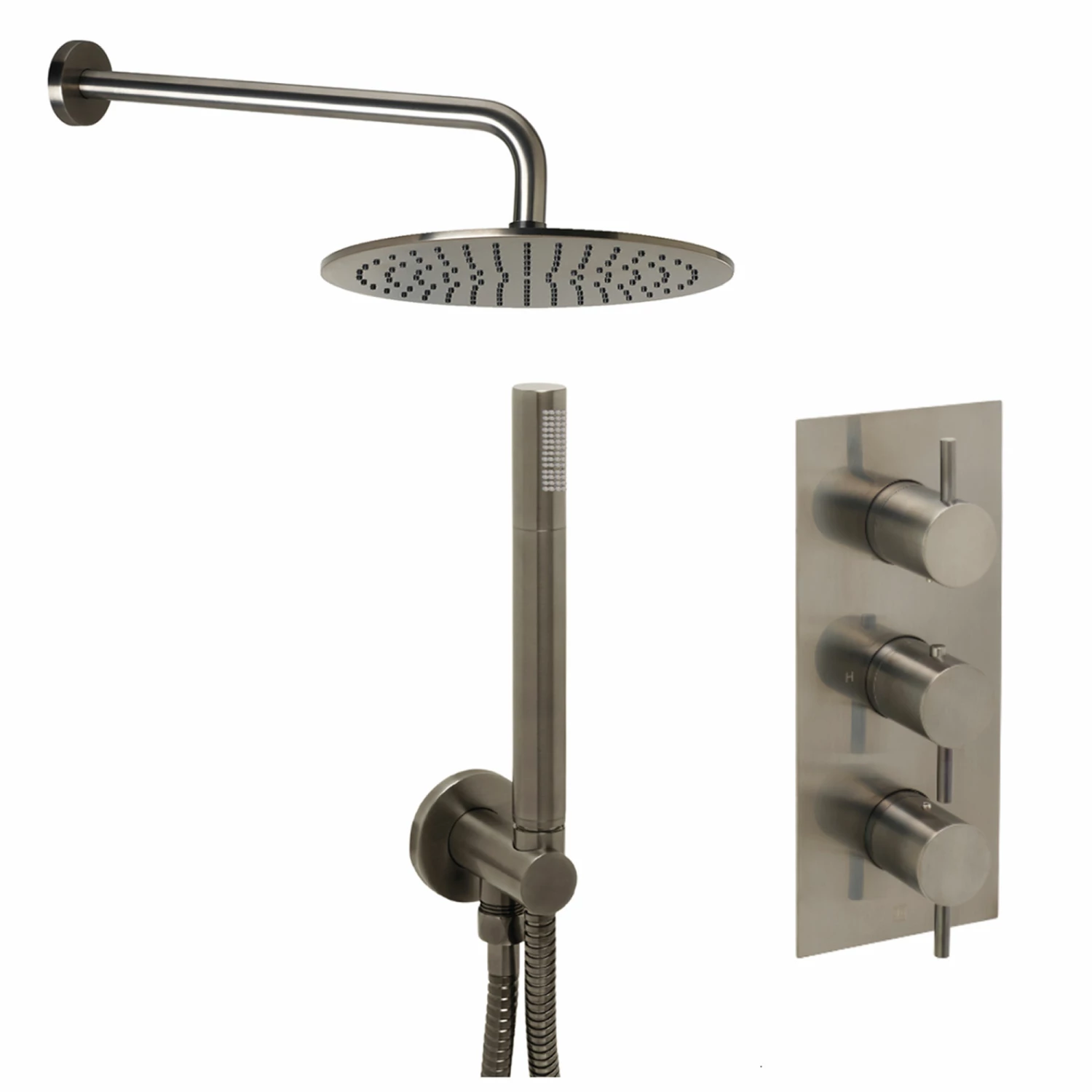 VOS Concealed Dual Outlet 3 Handle Shower Valve, Fixed Head & Shower Handset Kit - Brushed Black 3 VOS Concealed Dual Outlet 3 Handle Shower Valve, Fixed Head & Shower Handset Kit - Brushed Black