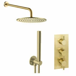 VOS Concealed Dual Outlet 3 Handle Shower Valve, Fixed Head & Shower Handset Kit - Brushed Brass