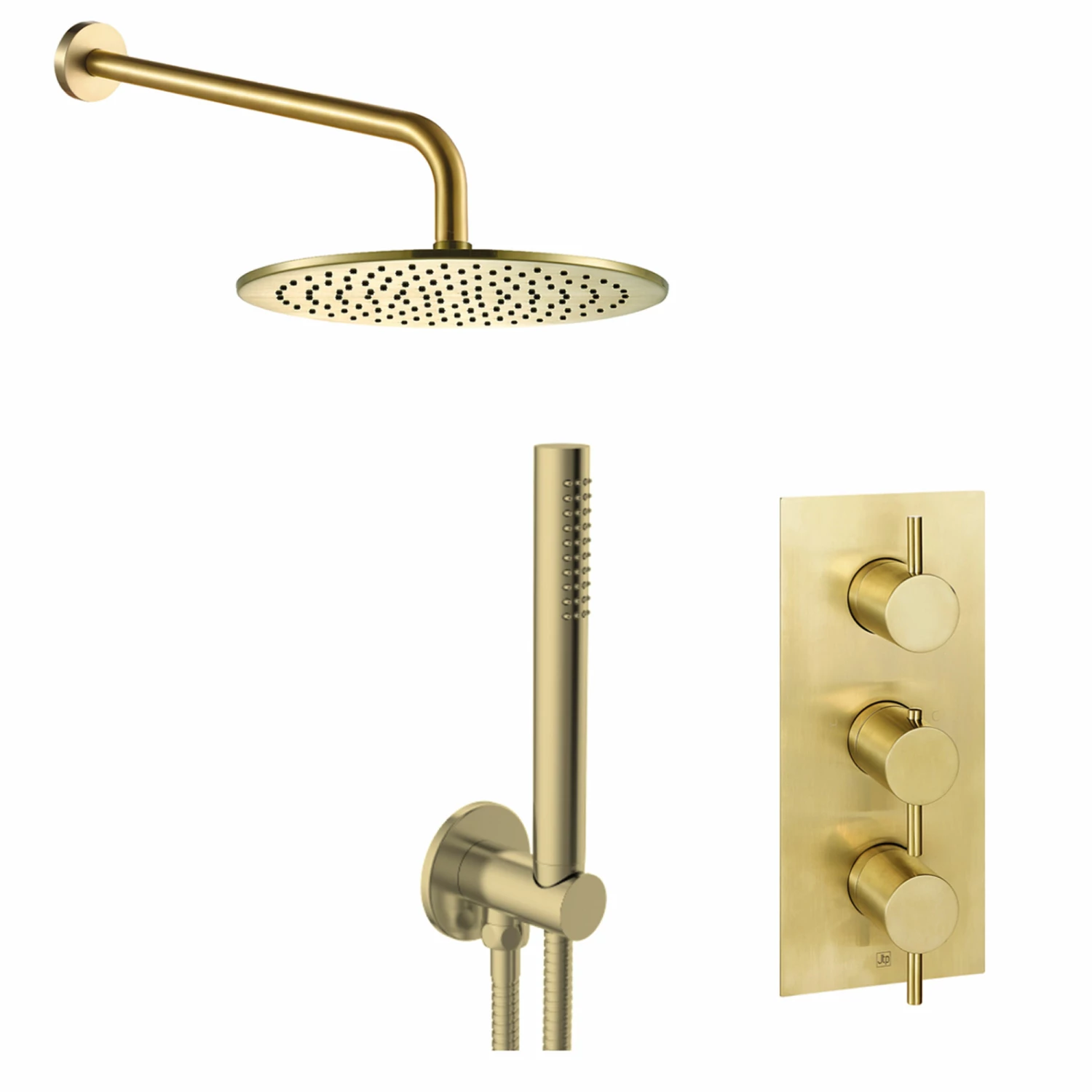 VOS Concealed Dual Outlet 3 Handle Shower Valve, Fixed Head & Shower Handset Kit - Brushed Brass 3 VOS Concealed Dual Outlet 3 Handle Shower Valve, Fixed Head & Shower Handset Kit - Brushed Brass