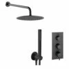 VOS Concealed Dual Outlet 3 Handle Shower Valve, Fixed Head & Shower Handset Kit - Matt Black 2 VOS Concealed Dual Outlet 3 Handle Shower Valve, Fixed Head & Shower Handset Kit - Matt Black -TAP WAREHOUSE Shop vos shower valve kit 3 handle matt black cutout
